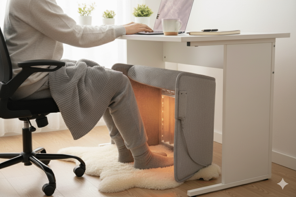 足元パネルヒーターで在宅勤務する写真
